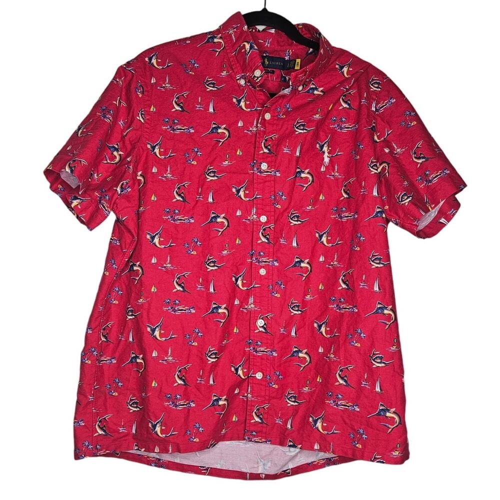 Ralph Lauren L Classic Fit Red Button Up Short Sleeve Hawaiian Fish Swordfish